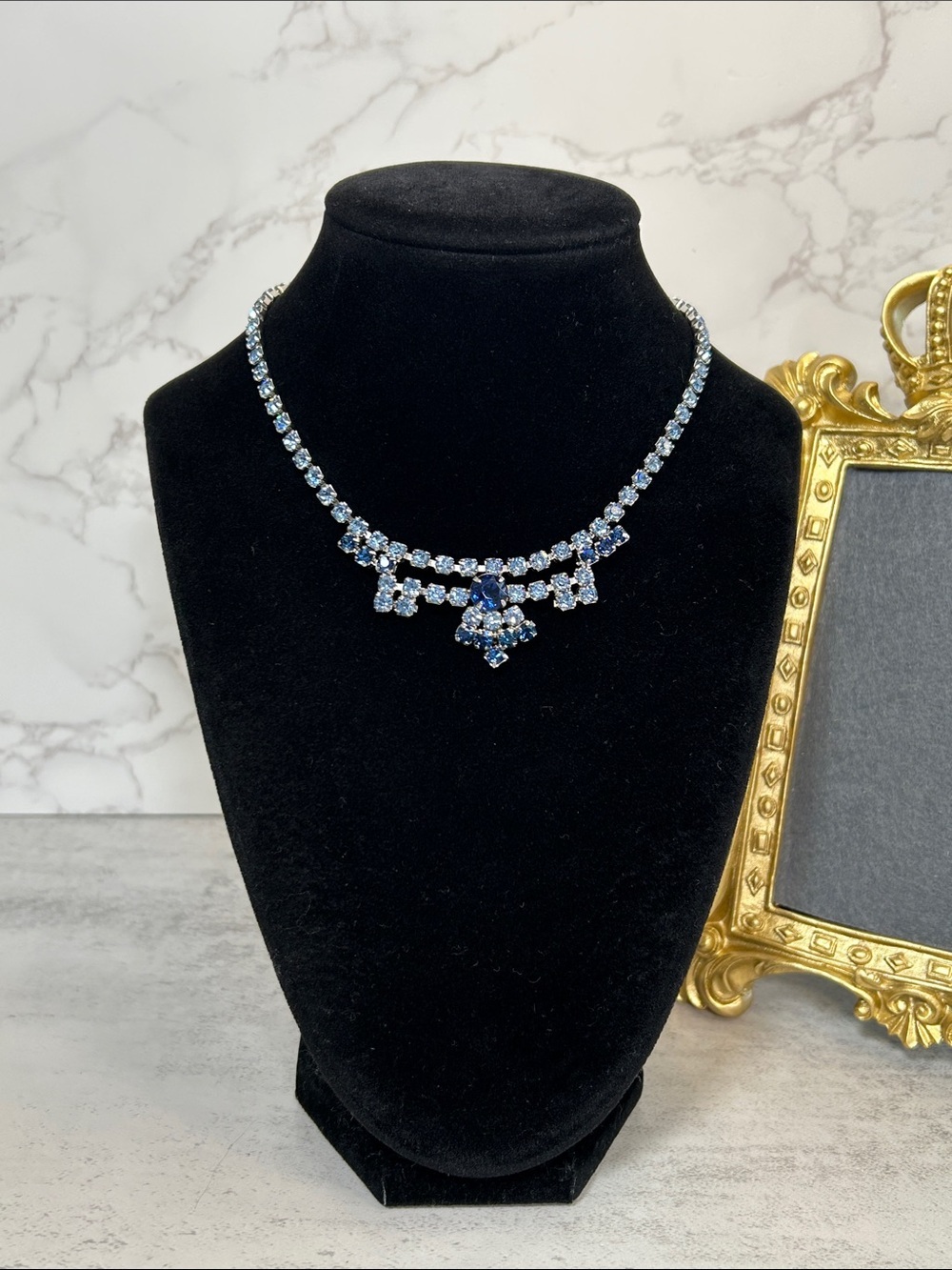 Vintage Blue Crystal Rhinestone Statement Necklace - Elegant Women's Jewelry
